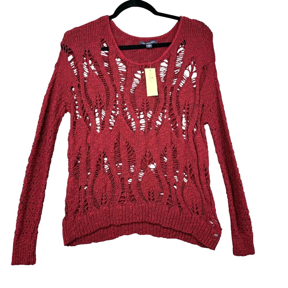 American Eagle Sweater Women's Small Red Maroon Scoop Neck Open Knit Boxy NWT